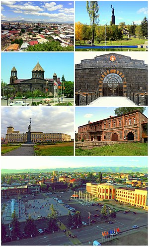 From top left: Gyumri skyline with Mount Aragats • Mother Armenia Cathedral of the Holy Mother of God • Dzitoghtsyan Museum Independence Square • Sev Berd Fortress Vartanants Square and Gyumri City Hall