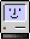 A small, rectangular icon depicting a gray computer emblazoned with a colourful apple logo, and a floppy-disk slot. On its small square screen is a smiley-face emoticon against a lilac background. The icon indicates that the machine has successfully begun booting, in contrast to a "Sad Mac" icon, which displays a "sad" emoticon.