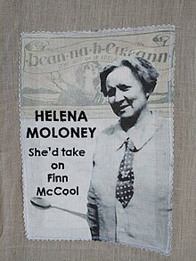 Panel from the 77 women commemoration quilt featuring Helena Moloney. Text reads "she'd take on Finn McCool"