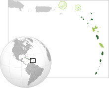 מפת מדינות ארגון מזרח הקריביים: חברות הארגון המלאות (ירוק מודגש) ואת החברות הנילוות (ירוק בהיר)