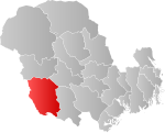 Mapa do condado de Vestfold og Telemark com Fyresdal em destaque.