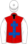 Red, royal blue cross of lorraine, white sleeves and cap