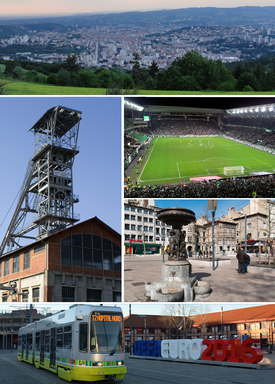 Do topo, da esquerda em sentido horário: Vista da cidade, Estádio Geoffroy-Guichard, Praça do Povo, bonde em Gare de Châteaucreux e Mina de Carvão Couriot.