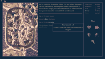 A pixel-art illustration on the left shows a top-down view of a village. The right side shows icons such as a quarter-depleted heart for health, as well as actions such as "Save" or "Wait"; the cursor is currently over a food icon, with a popup related to nourishment showing.