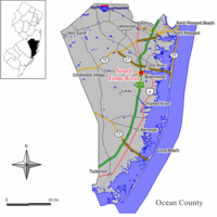 Map of South Toms River in Ocean County. Inset: Location of Ocean County highlighted in the State of New Jersey.
