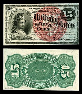 Fourth issue of the ten-cent fractional currency depicting the Bust of Columbia, by the United States Department of the Treasury