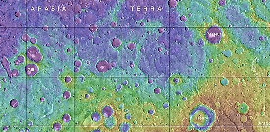 MOLA map, showing Henry crater and other nearby craters. Colors indicate elevations.