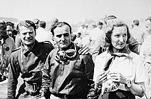 Race winners Mitchell-Thomson (left) and Chinetti (center), with Chinetti's wife, Marion (right)