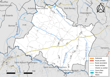 Carte en couleur présentant le réseau hydrographique de la commune