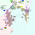 都市的地域と湾周辺の交通網の地図