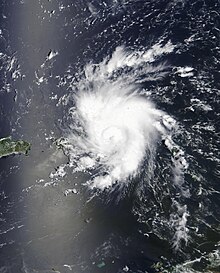 Satellite image of Tropical Storm Dorian passing by Puerto Rico and over the Virgin Islands on August 28