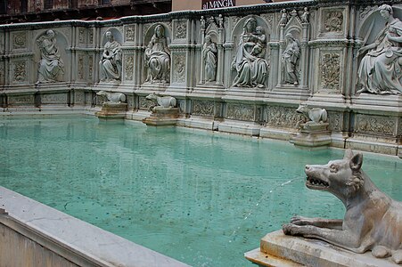 The Fonte Gaia, Piazza del Campo, Siena, Italy by Jacopo della Quercia (1419) (replaced by a copy in 1868)