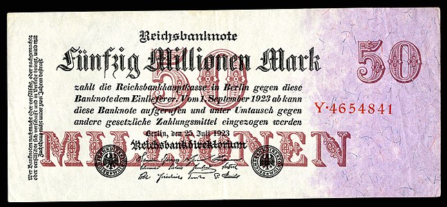 Fifty-million Mark at German Papiermark, by the Reichsbankdirektorium Berlin