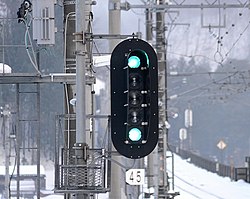 Two vertical green lights, with three blank lights between