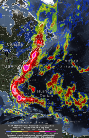 Accumulations totales de pluie le long de la trajectoire de Dorian tels qu'estimées par satellite météorologique.