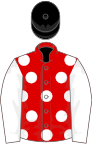 Red, white spots and sleeves, black cap