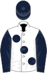 White, large dark blue spots and sleeves, dark blue cap