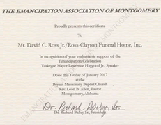 Certificate for recognition of enthusiastic support of the Emancipation Association of Montgomery.