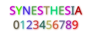 The word "synesthesia" and digits 0–9 are portrayed as glowing in various colors. For example, the letter "S" is displayed as magenta while the letter "E" is green.