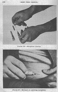 WWII US Army first aid manual illustration for injecting morphine using a syrette.