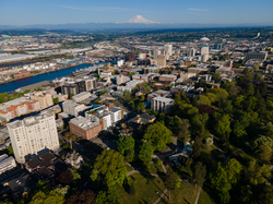 Aerial view of Downtown Tacoma with Mount Rainier in the background