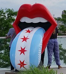 Model of logo with a variation of the flag of Chicago on tongue
