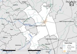 Carte en couleur présentantle réseau hydrographique de la commune