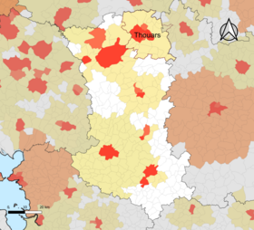 Localisation de l'aire d'attraction de Thouars dans le département des Deux-Sèvres.