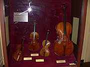 The Axelrod quartet of Stradivarius instruments, on display in the Smithsonian Institution National Museum of American History. From left to right: Greffuhle violin (1709), Axelrod viola (1696), Ole Bull violin (1687), and Marylebone cello (1688).