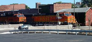 A BNSF train passes through central Galesburg near the site of the Galesburg Station (Santa Fe)