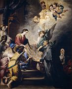 巴托洛梅·埃斯特萬·牟利羅的《把祭衣交給聖伊爾德方索》（Aparición de la Virgen a San Ildefonso），309 × 251cm，約繪於1660年，埃麗莎貝塔·法爾內塞於18世紀收藏[72]
