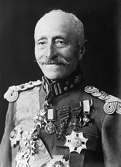 An elderly man with a prominent moustache in military uniform, adorned with medals.