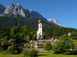 View of Grainau's church with the Zugspitze behind