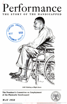 Cover of the journal Performance: The Story of the Handicapped for May 1958, depicting a Black man in profile, seated in a wheelchair, with the caption "Still Making a High Score"; the library stamp of Stanford University is also on the cover, in blue