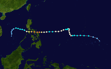 A track map showing the path of a typhoon over the western Pacific Ocean. It moves westward at first, then shifts to the north for a short time before resuming its westward motion. The typhoon crosses the Philippines and enters the South China Sea, where it turns south and dissipates.