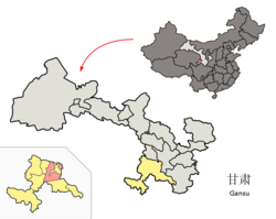Jonê (pink) within Gannan Tibetan Autonomous Prefecture (yellow) and Gansu (grey)