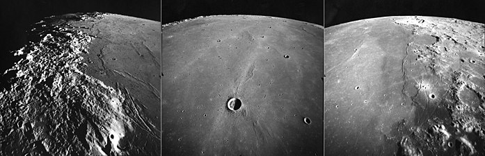 These are three views of Mare Serenitatis, taken by the mapping camera of the Apollo 17 mission in 1972, facing north-northeast from an average altitude of 107 km. At the right is the east margin of Mare Serenitatis, with the 95 km diameter crater Posidonius at the central horizon, the basalt-flooded Le Monnier crater to the south, the mare ridge (or wrinkle ridge) Dorsa Aldrovandi at center, Littrow crater at the right, and the landing site of Apollo 17 in the lower right corner in the Taurus–Littrow valley. In the center is the relatively small crater Bessel (16 km), and two prominent rays probably from the Tycho impact far to the south. At the left is the western margin of the mare, with the Caucasus Mountains at the central horizon, the Apennine Mountains at left, and the Sulpicius Gallus Rilles at the lower right. The Sun elevation drops from 24 degrees at right to 5 degrees at left as the Command Module America orbited the Moon.