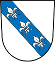 Gemeinde Mirskofen In Silber ein blauer Schrägbalken, belegt mit drei silbernen Lilien.