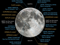 ☎∈ Lunar nearside with major maria and craters labeled. (First handcrafted SVG with embedded bitmap.)