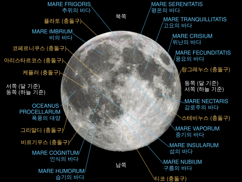 눈에 띄는 바다와 충돌구를 표시한 달의 앞면 사진.