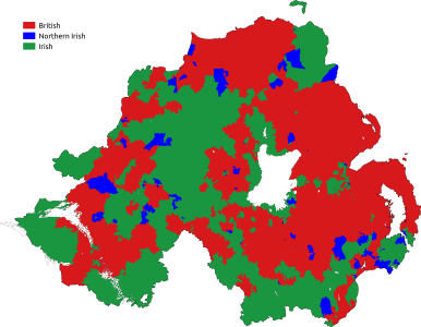 Shows the most common national identity stated in the 2011 census.