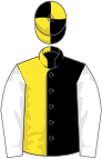 Black and yellow halved, quartered cap, white sleeves