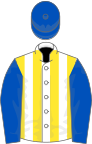 White and yellow stripes, royal blue sleeves and cap