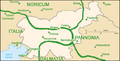 Image 12Map of Slovenia with ancient Roman provinces and cities (as of 100 A.D.) in green and present-day frontiers in grey. (from History of Slovenia)