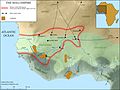 Image 37The Mali Empire in 1337 CE, with major gold fields, of Bambuk, Bure, Lobi (tended by the Gan and later Lobi people), and Akan, and trade routes, outlined. The desert should extend further south to Koumbi. The Mossi Kingdoms are located north of Lobi. (from History of Africa)