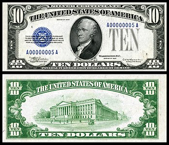 Ten-dollar silver certificate from the series of 1933, by the Bureau of Engraving and Printing