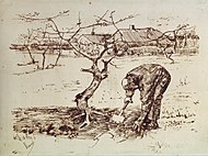 文森特·梵高 - 果园里掘地的男人(版画）, 1883年