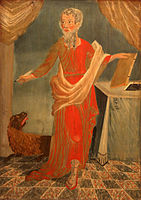 Saint Mark on a 17th-century naive painting by unknown artist in the choir of St Mary church (Sankta Maria kyrka) in Åhus, Sweden