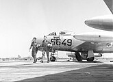 Two Israeli pilots after getting out of their Dassault Ouragan fighter jets at Hatzor in July 1956