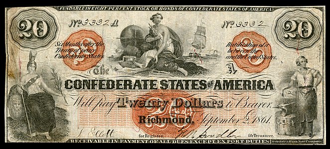 Twenty Confederate States dollar (T19), by the Southern Bank Note Company